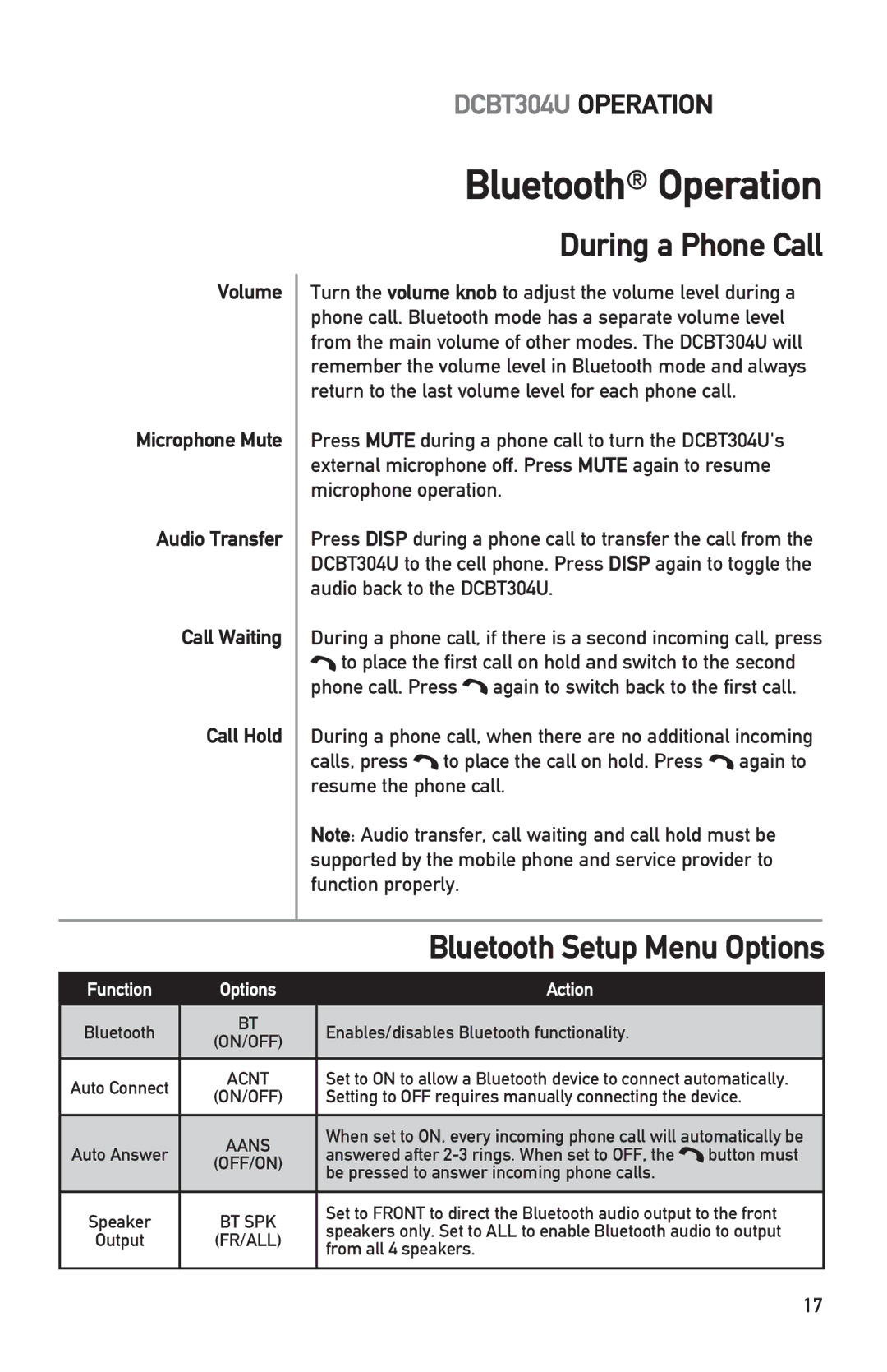 Dual DCBT304U owner manual During a Phone Call, Volume Microphone Mute Audio Transfer Call Waiting Call Hold 