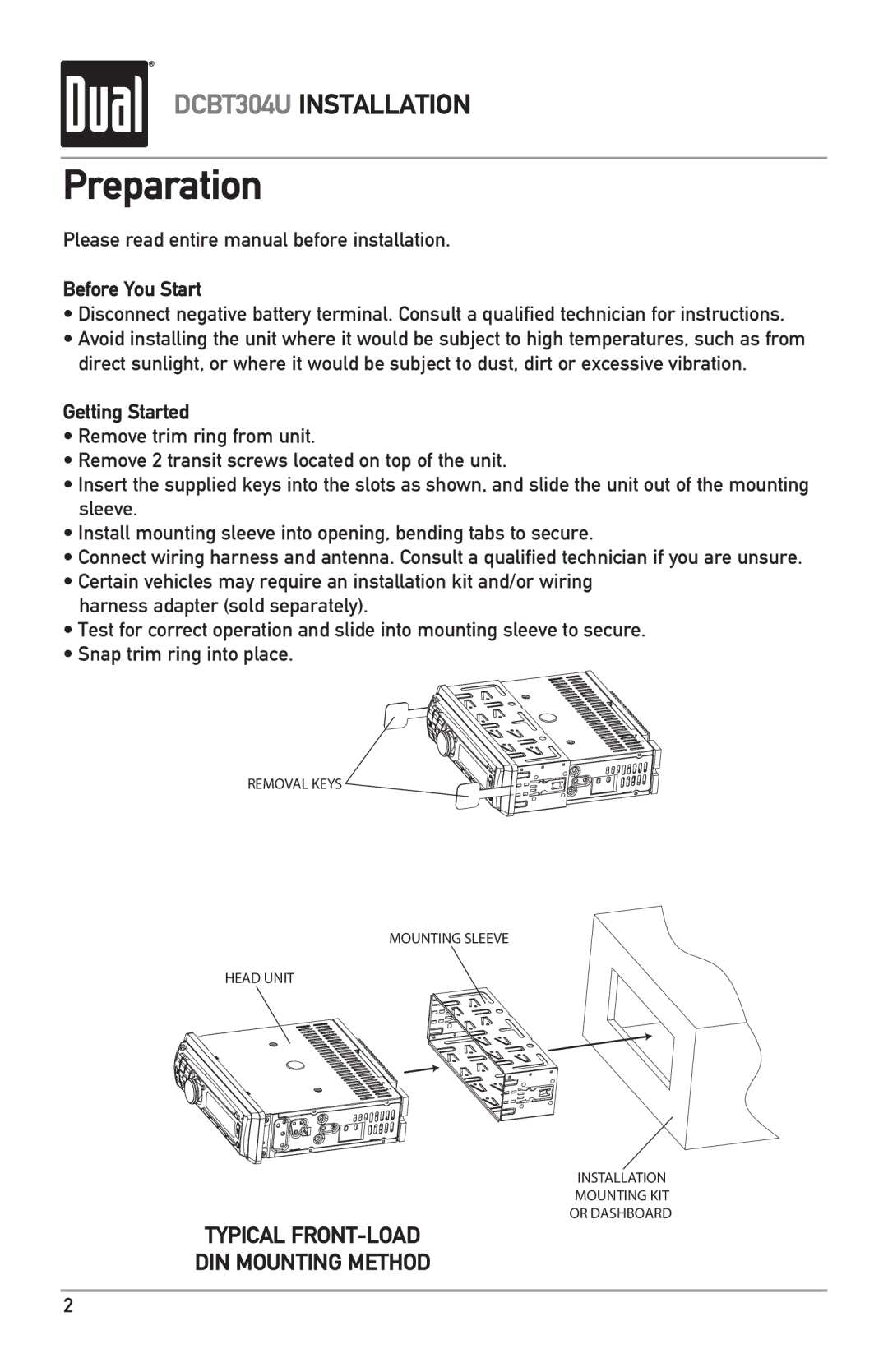 Dual DCBT304U owner manual Preparation, Please read entire manual before installation, Before You Start, Getting Started 