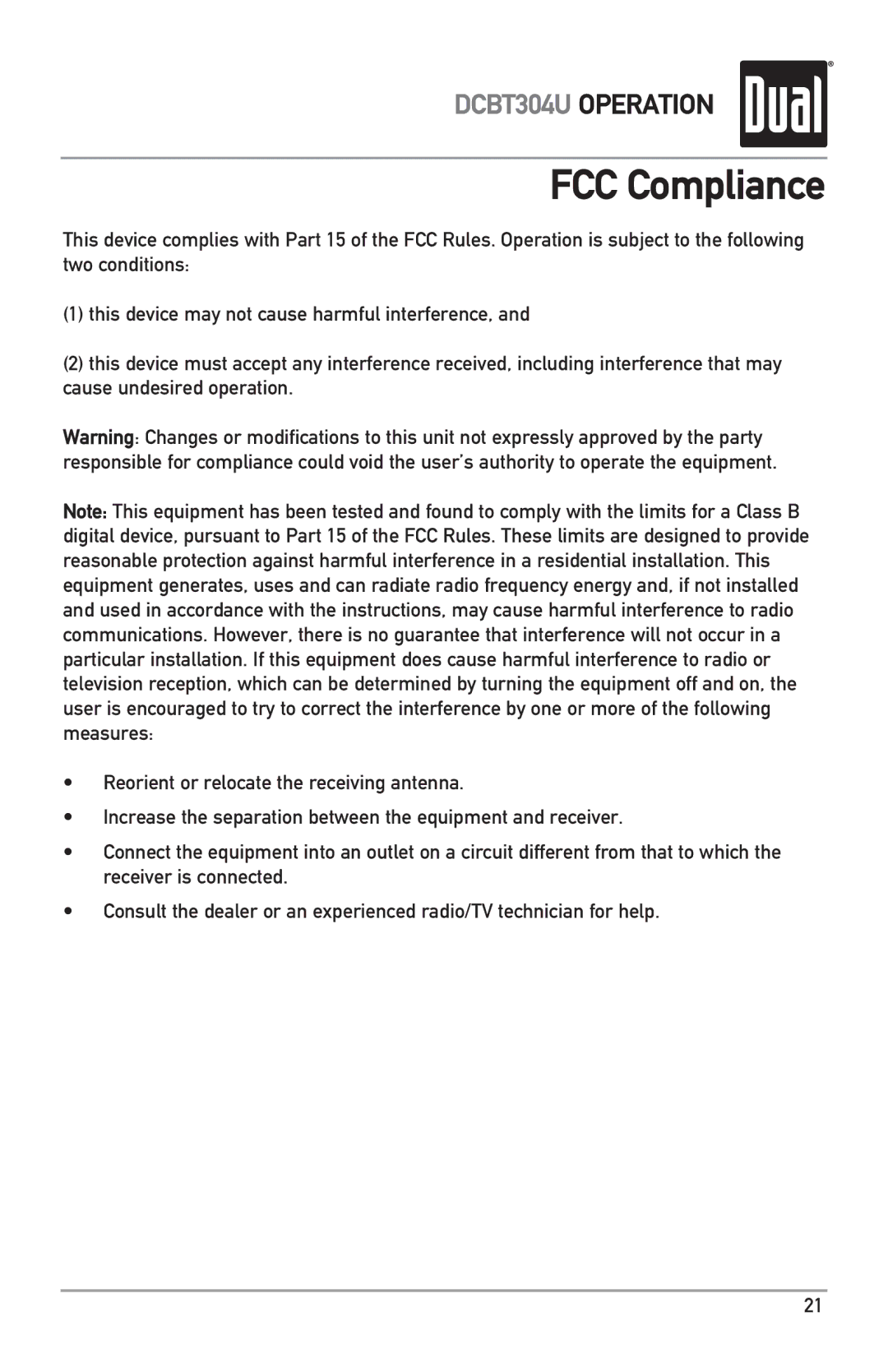 Dual DCBT304U owner manual FCC Compliance 