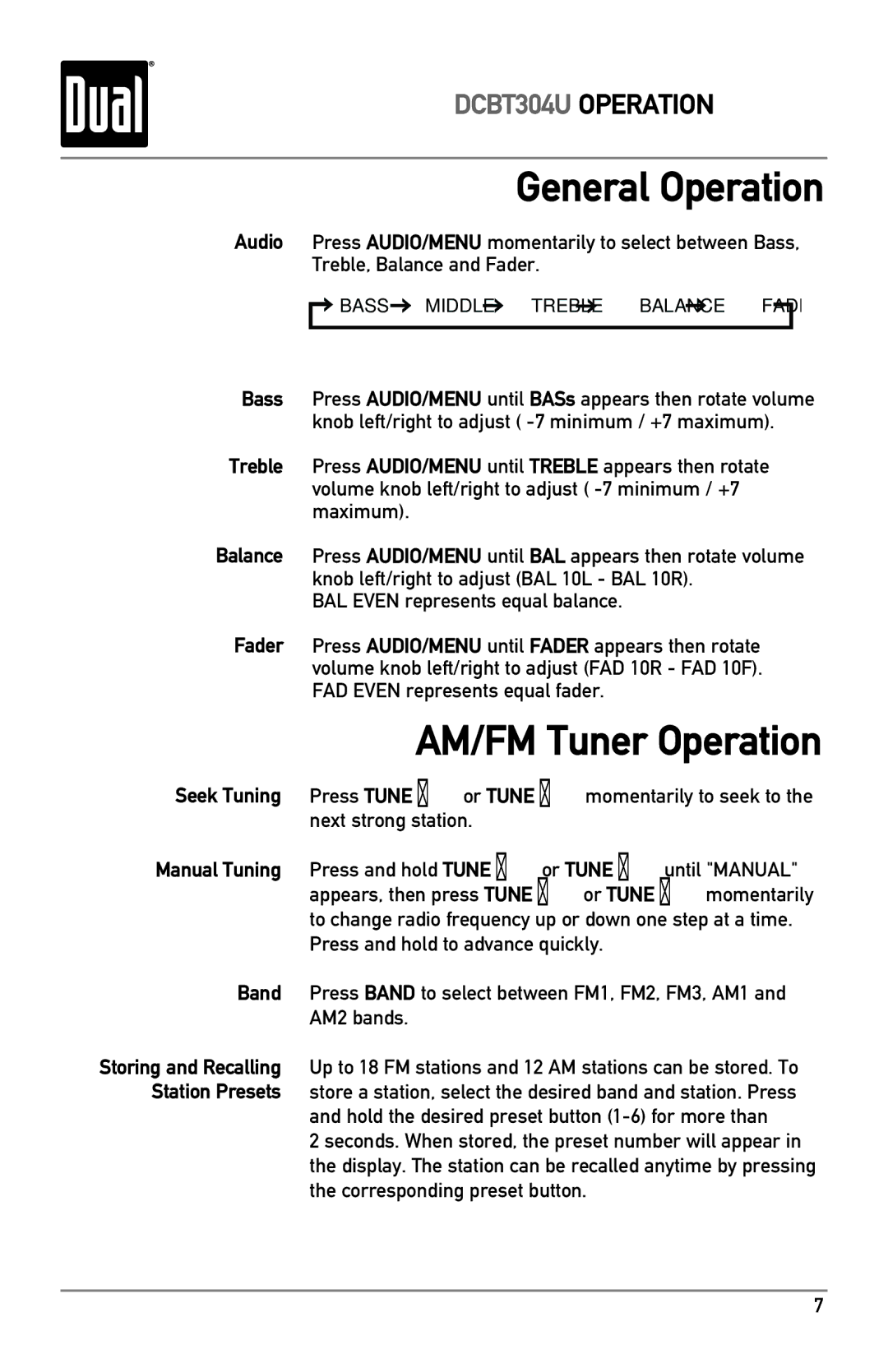 Dual DCBT304U owner manual AM/FM Tuner Operation 