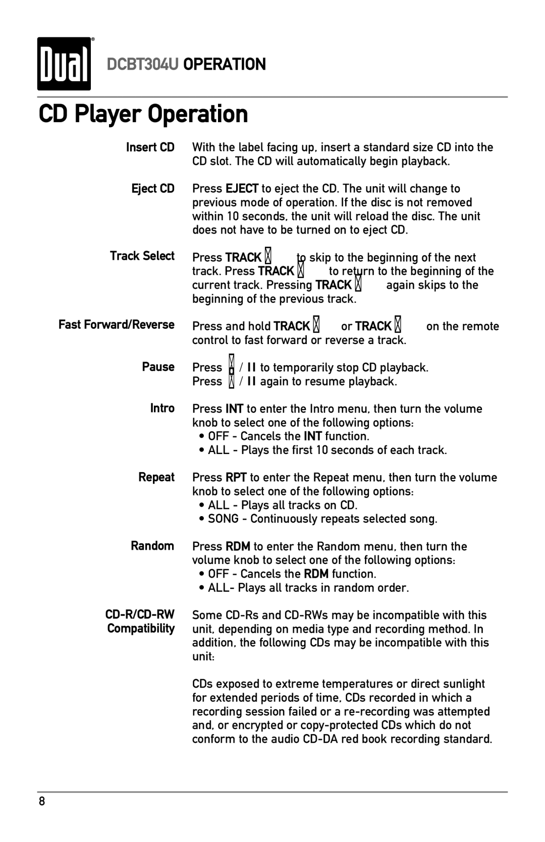 Dual DCBT304U owner manual CD Player Operation, Compatibility 