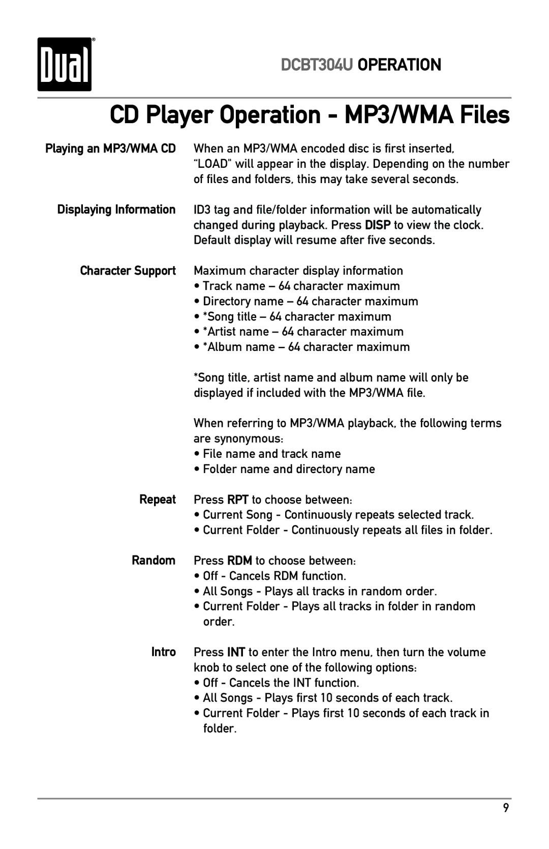 Dual DCBT304U owner manual CD Player Operation MP3/WMA Files, When an MP3/WMA encoded disc is first inserted 