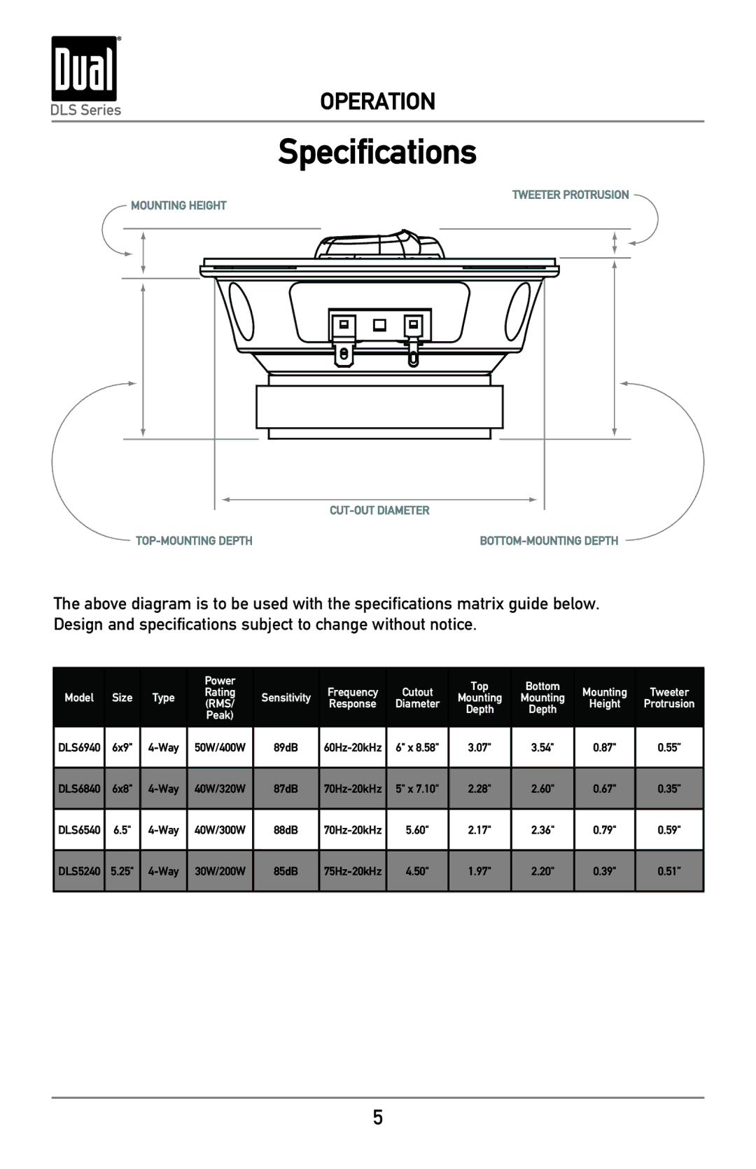 Dual DLS5240 owner manual Specifications, Size 