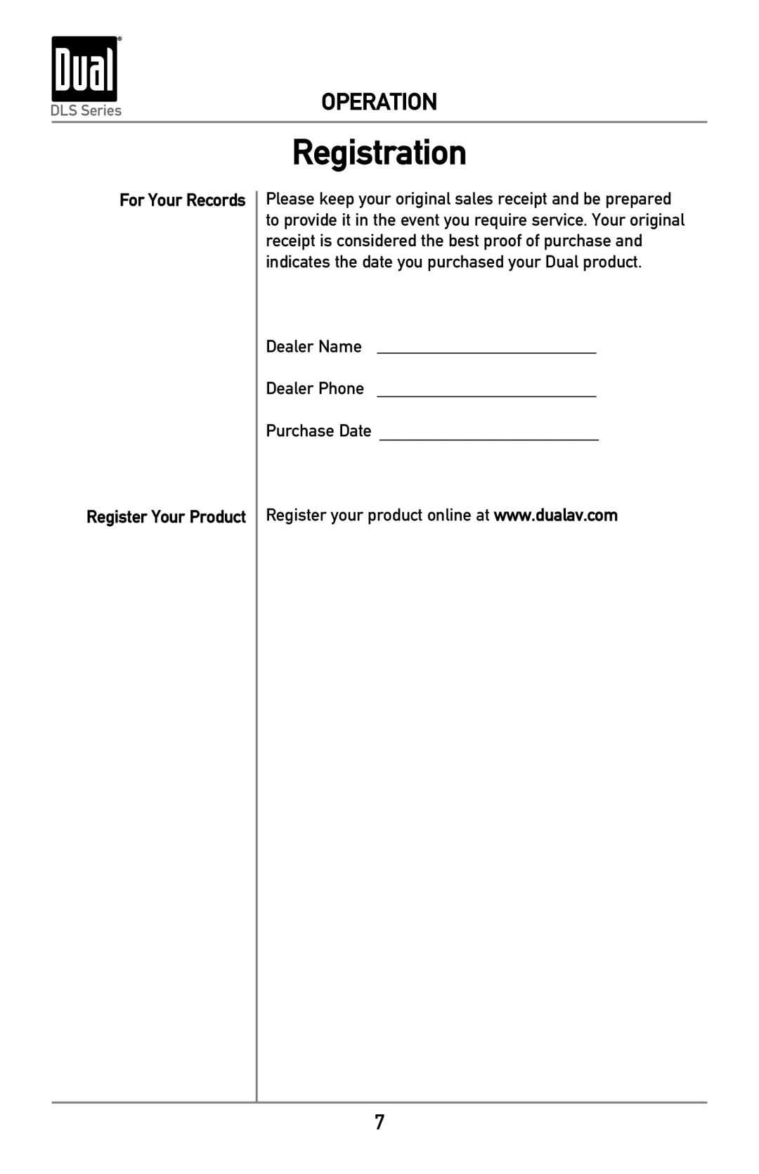 Dual DLS5240 owner manual Registration, For Your Records Register Your Product 