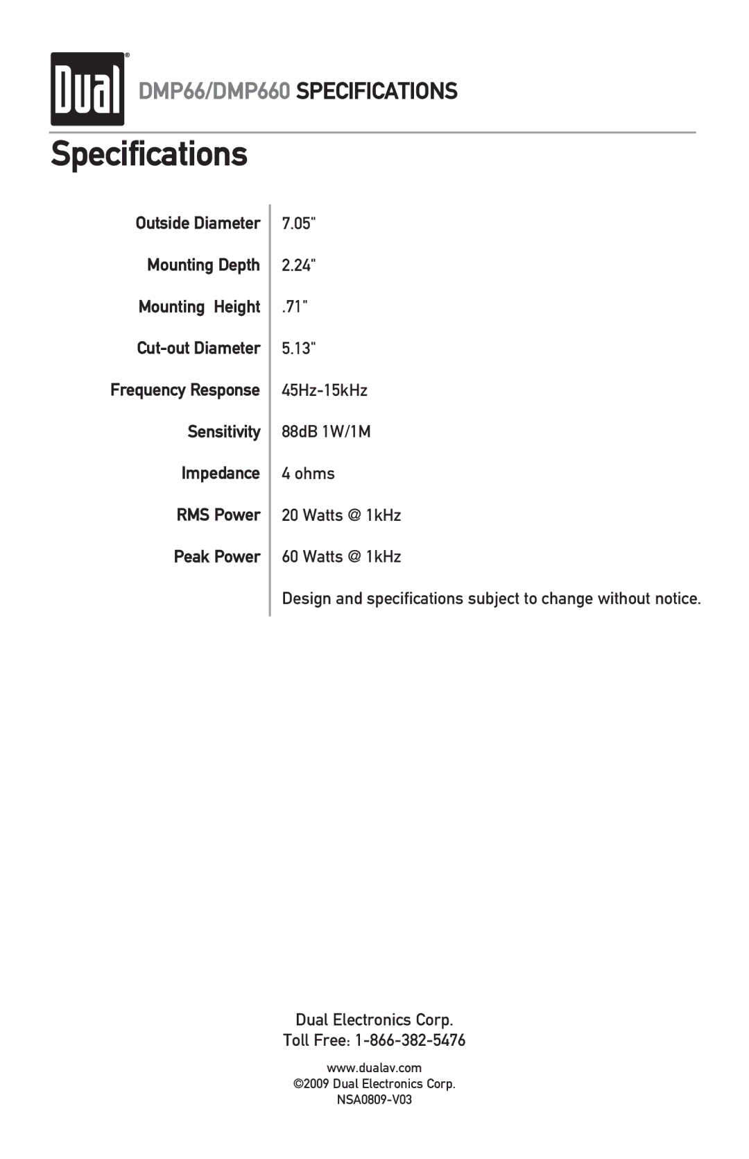 Dual DMP660 owner manual Specifications 