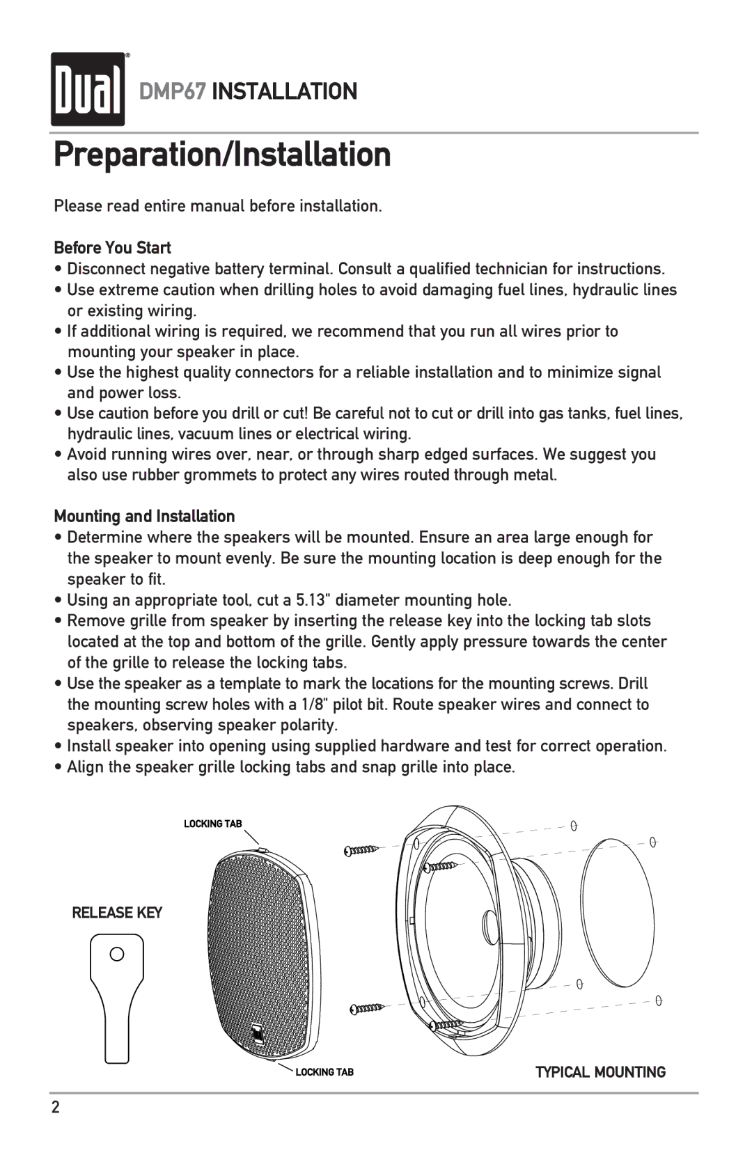 Dual DMP67 owner manual Preparation/Installation, Before You Start, Mounting and Installation 