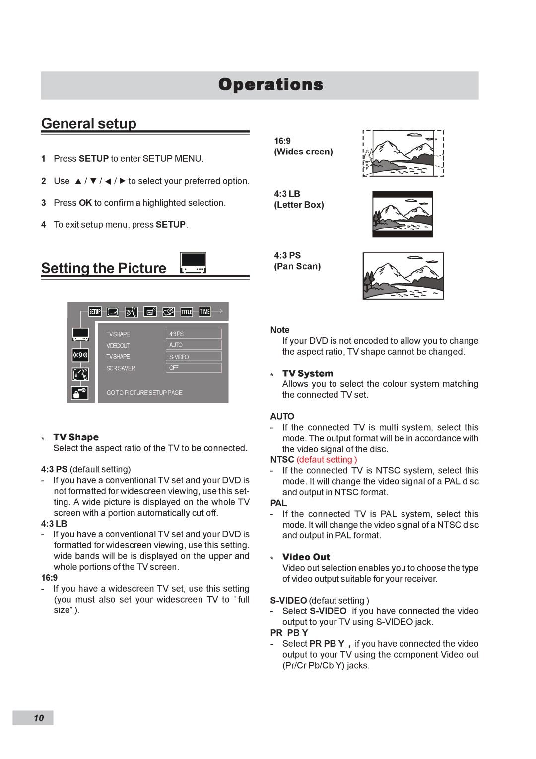 Dual DP295 manual Operations, General setup, Setting the Picture 