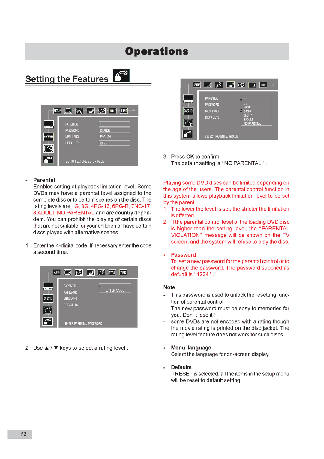 Dual DP295 manual Setting the Features, Parental, Menu language, Defaults 