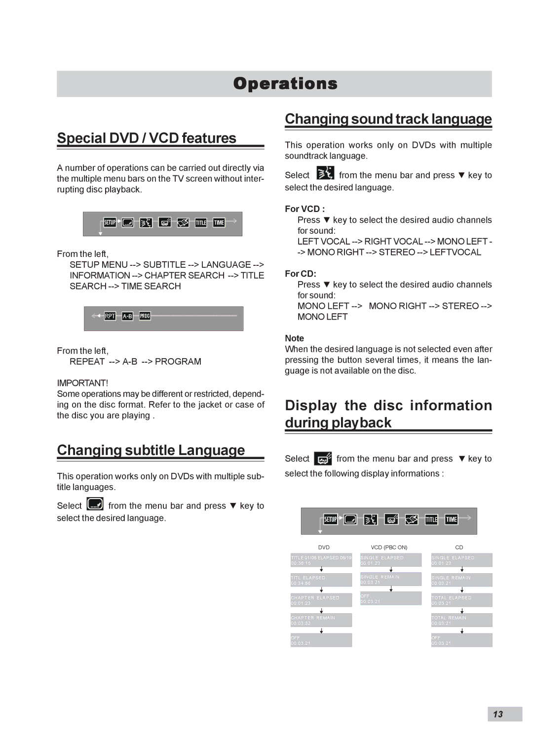 Dual DP295 manual Special DVD / VCD features, Changing subtitle Language, Changing sound track language 