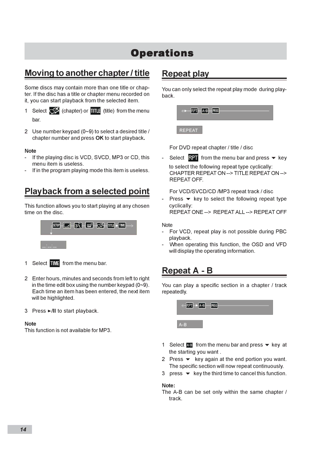 Dual DP295 manual Moving to another chapter / title, Playback from a selected point, Repeat play, Repeat a B, Repeat OFF 