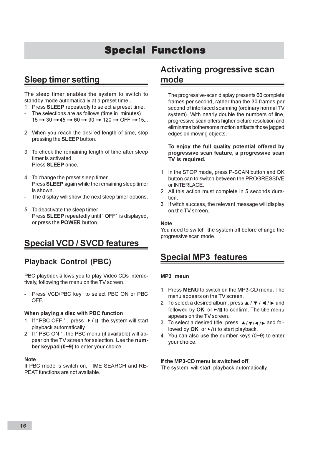 Dual DP295 manual Special Functions, Sleep timer setting, Special VCD / Svcd features, Activating progressive scan mode 