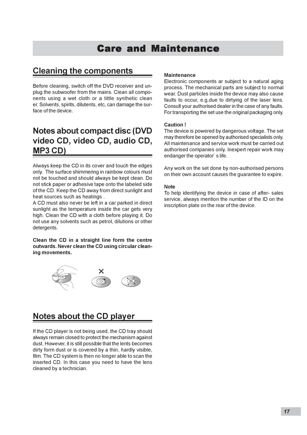 Dual DP295 manual Care and Maintenance, Cleaning the components 