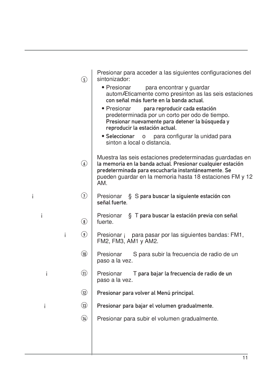 Dual DXV3D Configuraciones del sintonizador Estaciones predeterminadas, Menú principal 12 Bajar volumen 13 Subir volumen 