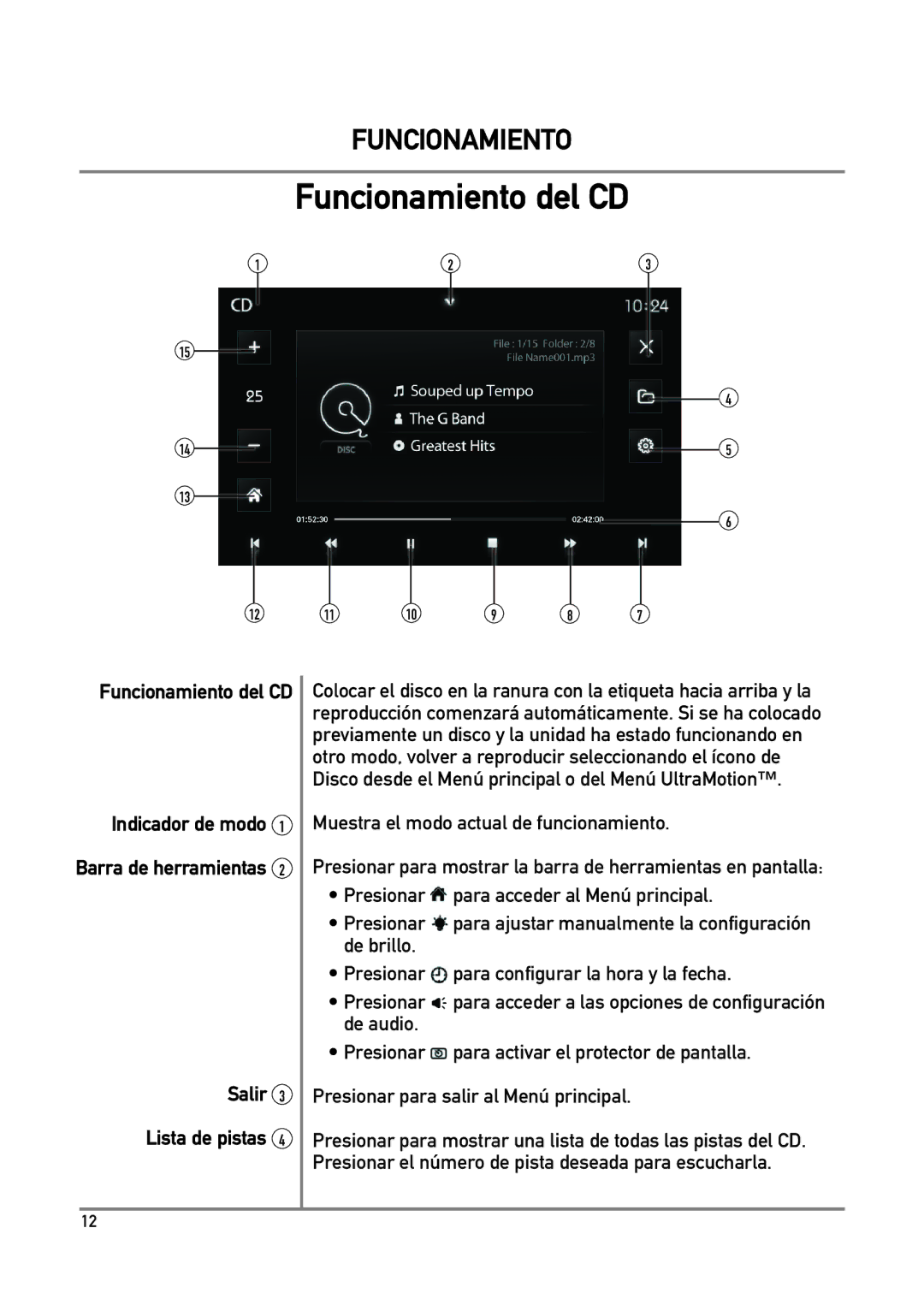 Dual DXV3D manual Funcionamiento del CD, Salir Lista de pistas, Indicador de modo 1 Barra de herramientas 