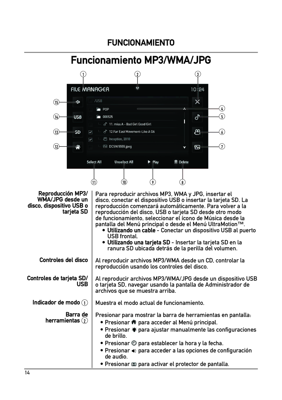 Dual DXV3D manual Funcionamiento MP3/WMA/JPG, Indicador de modo 