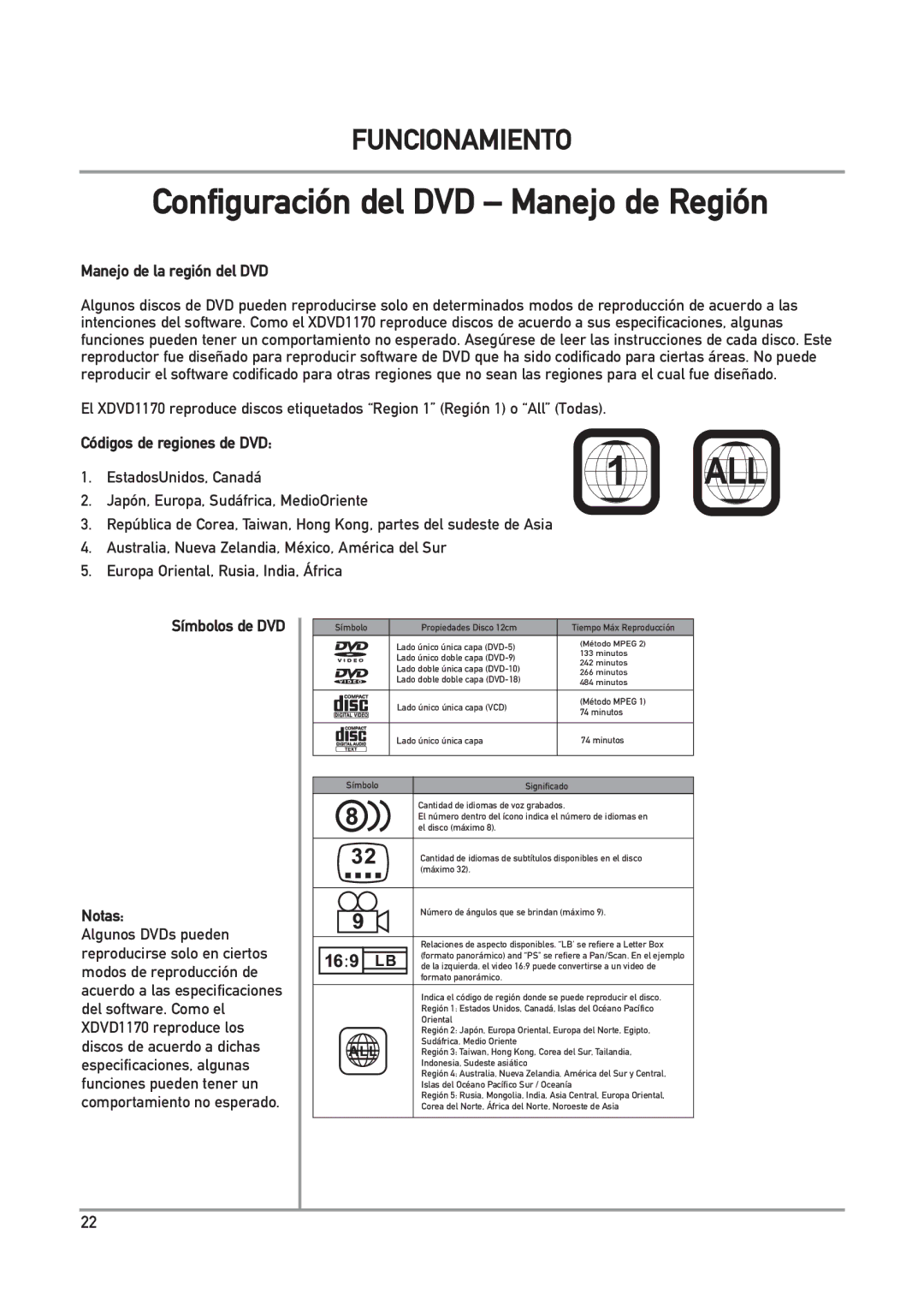 Dual DXV3D manual Configuración del DVD Manejo de Región, Manejo de la región del DVD, Códigos de regiones de DVD 