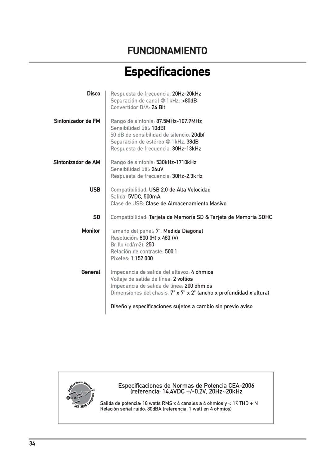 Dual DXV3D manual Especificaciones, Disco Sintonizador de FM Sintonizador de AM, Monitor General 