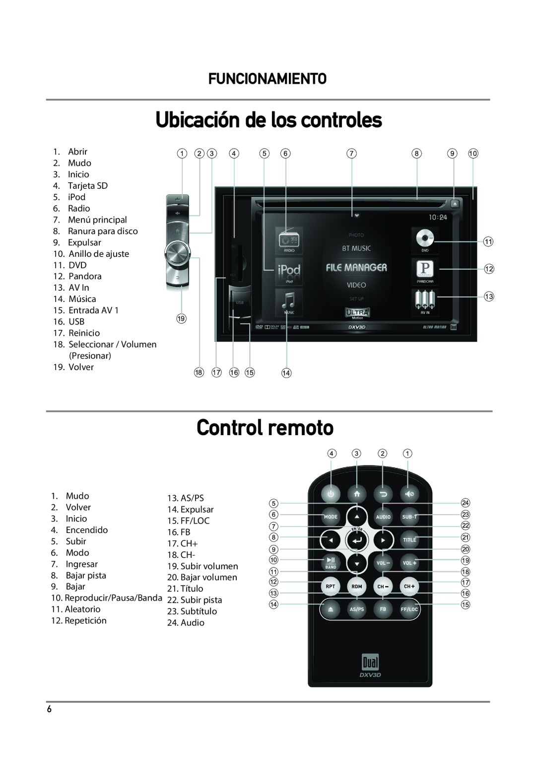 Dual DXV3D manual Volver, Bajar pista, Bajar 21. Título, Subir pista, Aleatorio Subtítulo Repetición Audio 