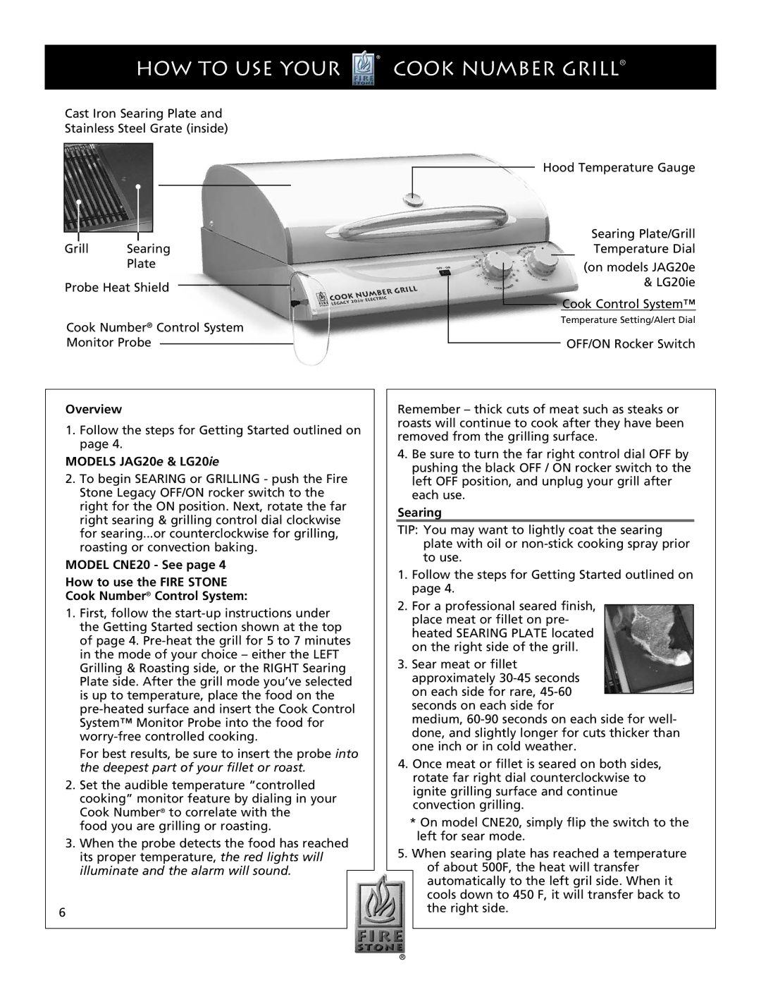 Dual CNE20 manual HOW to USE Your, Cook Number Grill, Overview, Models JAG20e & LG20ie, Searing 