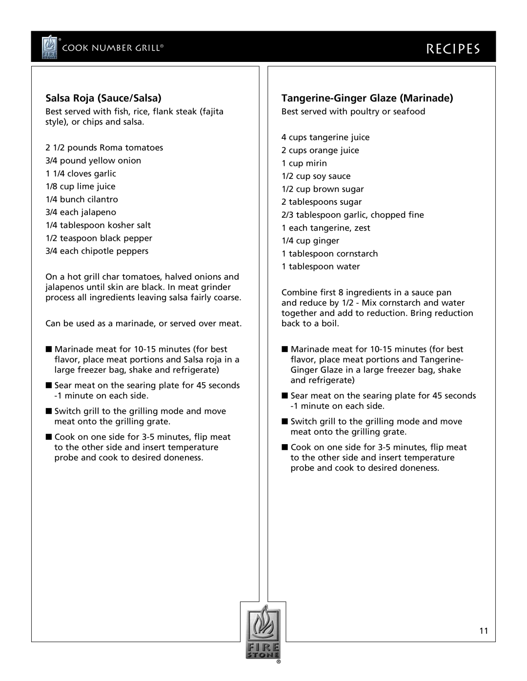Dual LG20ie, JAG20e, CNE20 manual Salsa Roja Sauce/Salsa, Tangerine-Ginger Glaze Marinade, Recipes, Cook Number Grill 