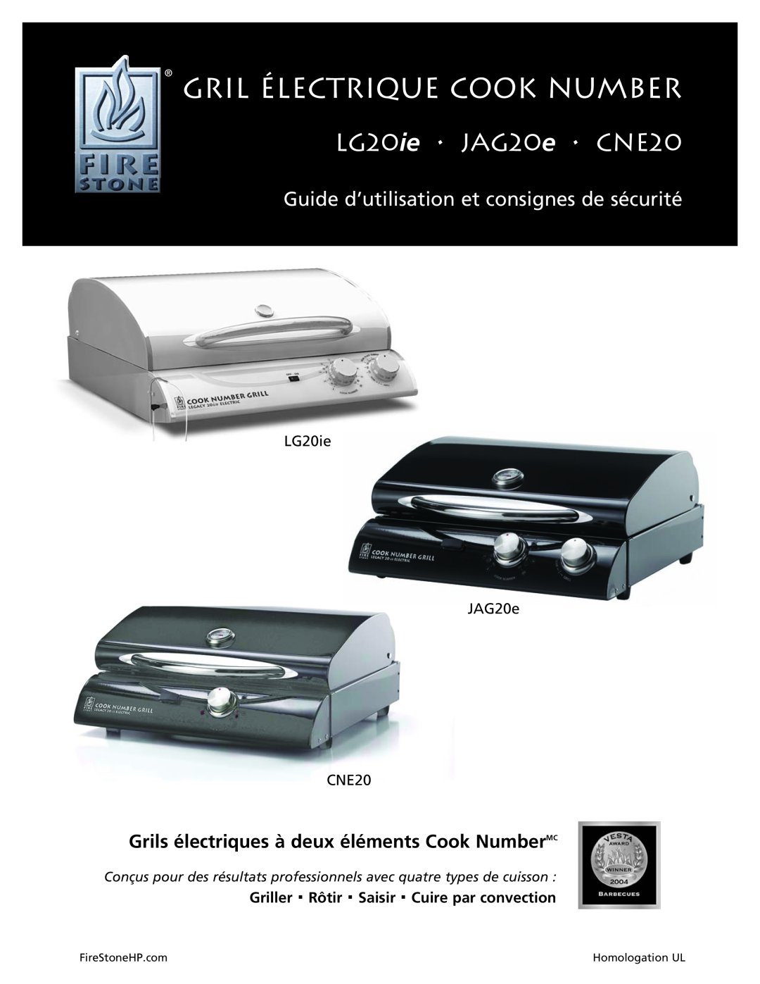 Dual Gril Électrique Cook Number, Guide d’utilisation et consignes de sécurité, LG20ie JAG20e CNE20, FireStoneHP.com 