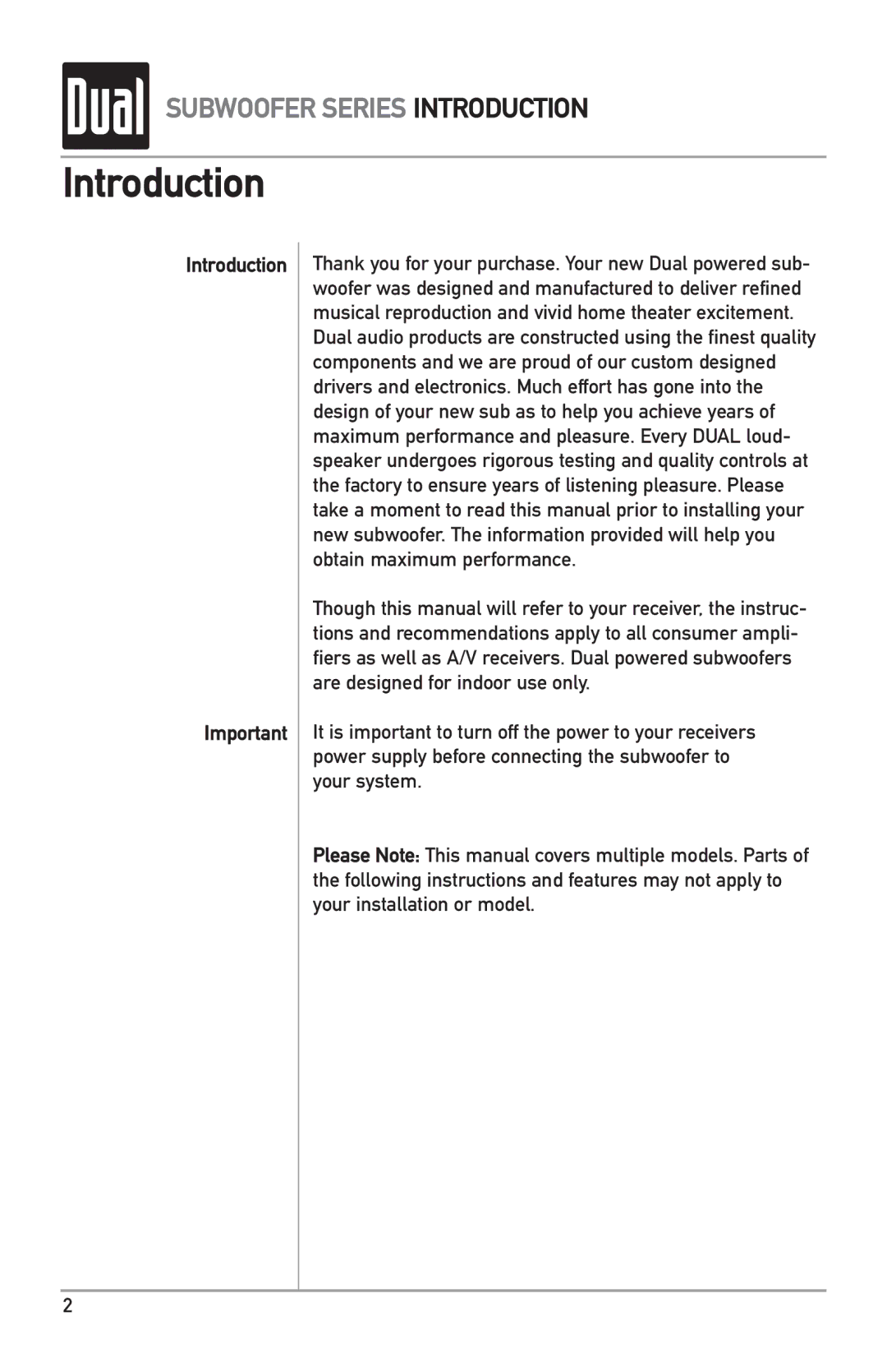 Dual L8SW, L6SW owner manual Introduction 