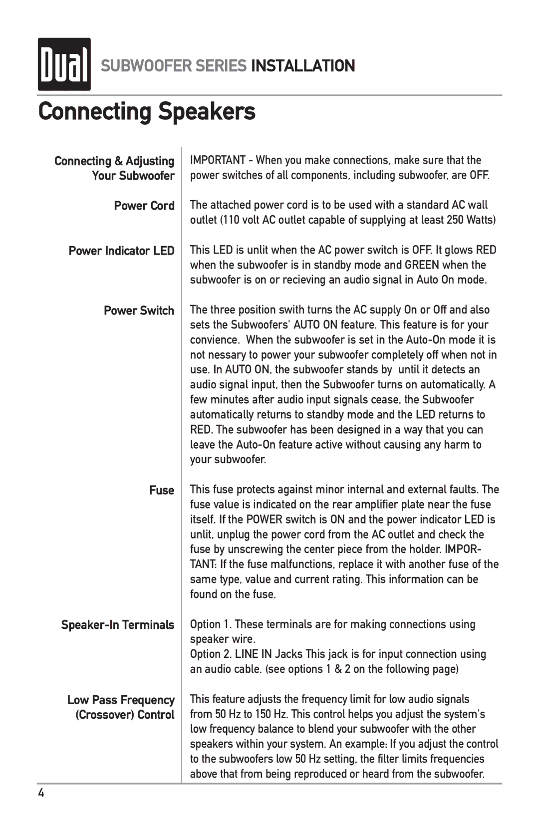 Dual L8SW, L6SW owner manual Connecting Speakers, Low Pass Frequency Crossover Control 