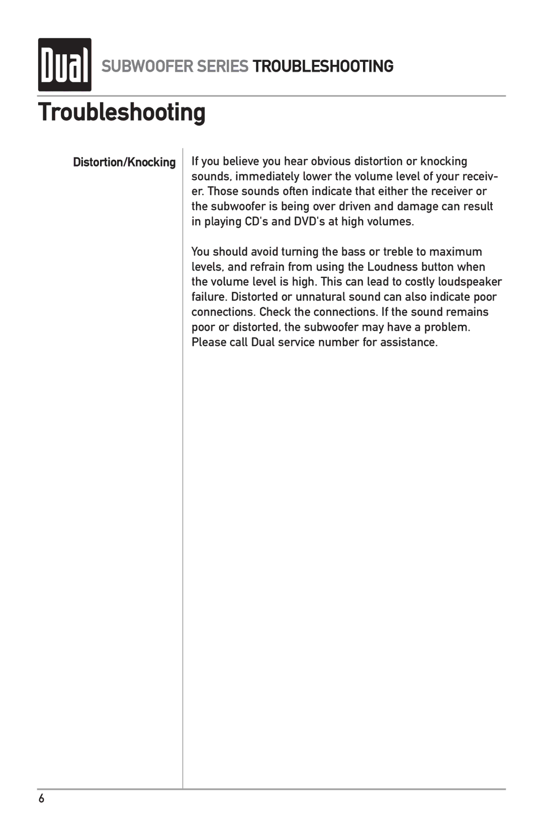 Dual L8SW, L6SW owner manual Troubleshooting, Distortion/Knocking 