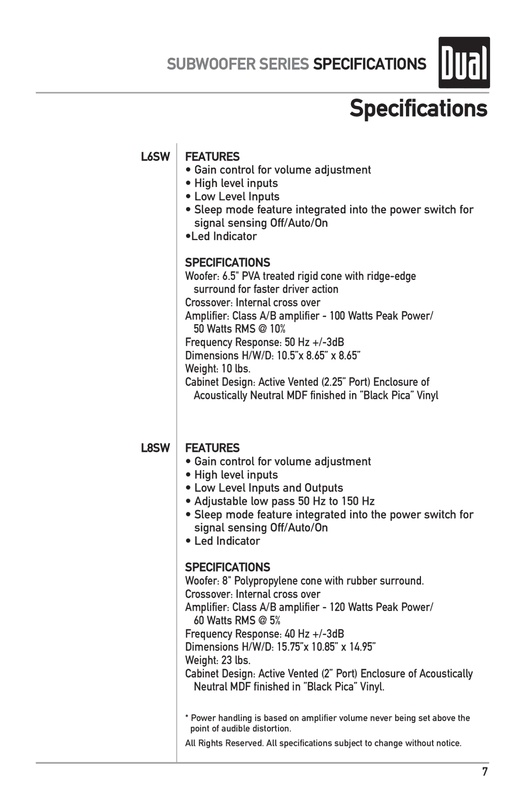 Dual owner manual Specifications, L6SW L8SW Features 