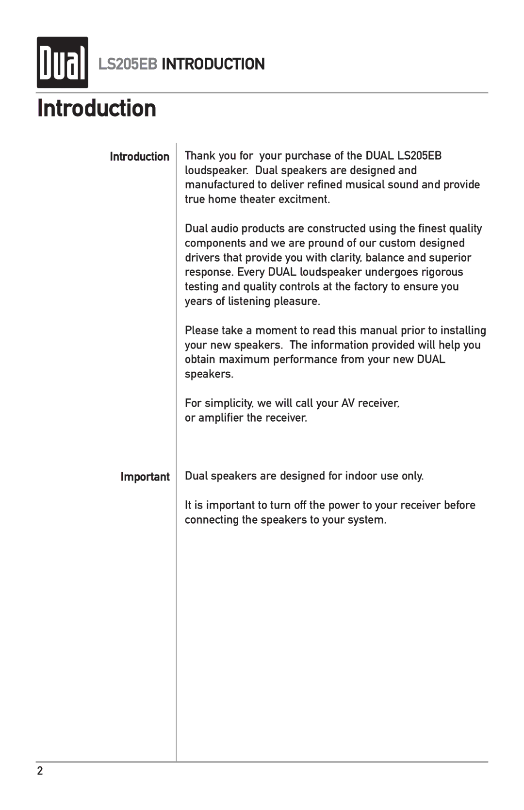 Dual LS205EB owner manual Introduction 