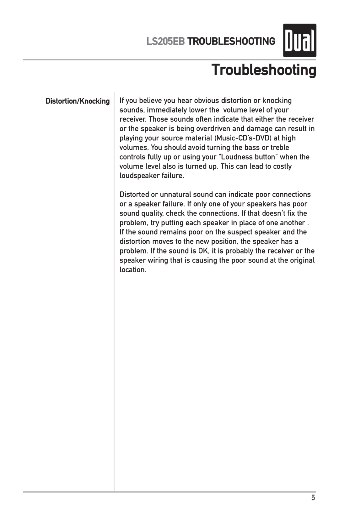 Dual LS205EB owner manual Troubleshooting, Distortion/Knocking 