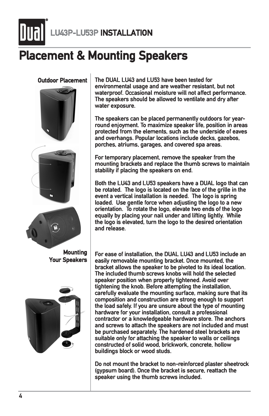 Dual LU43PW owner manual Placement & Mounting Speakers, LU43P-LU53P INSTALLATION 