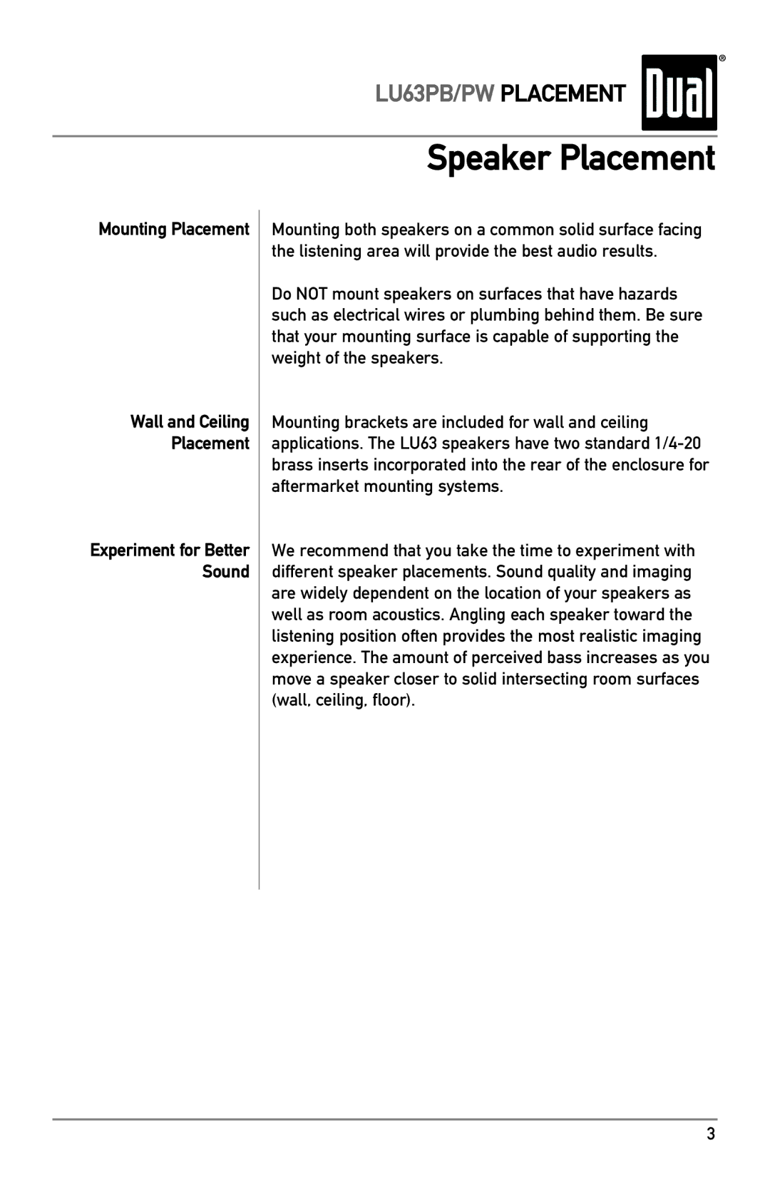 Dual LU63PB/PW owner manual Speaker Placement, Mounting Placement Wall and Ceiling 
