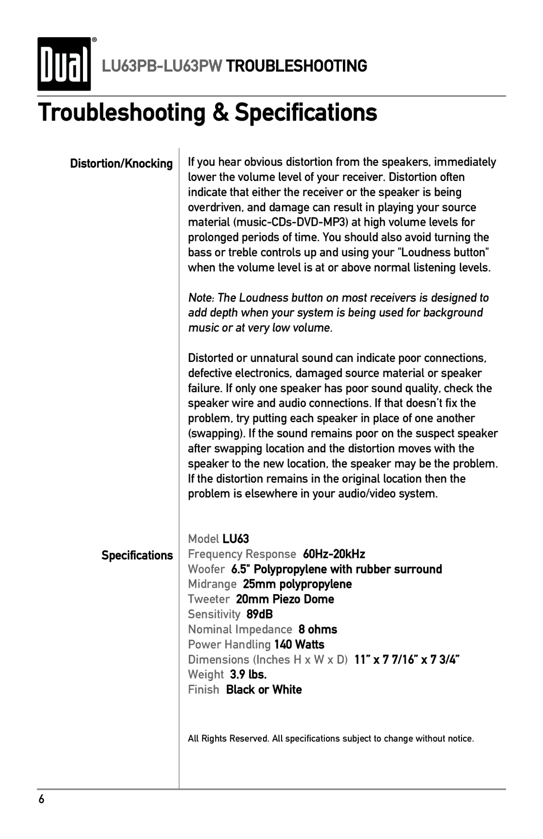 Dual LU63PB/PW owner manual Troubleshooting & Specifications, Distortion/Knocking Specifications, Finish Black or White 