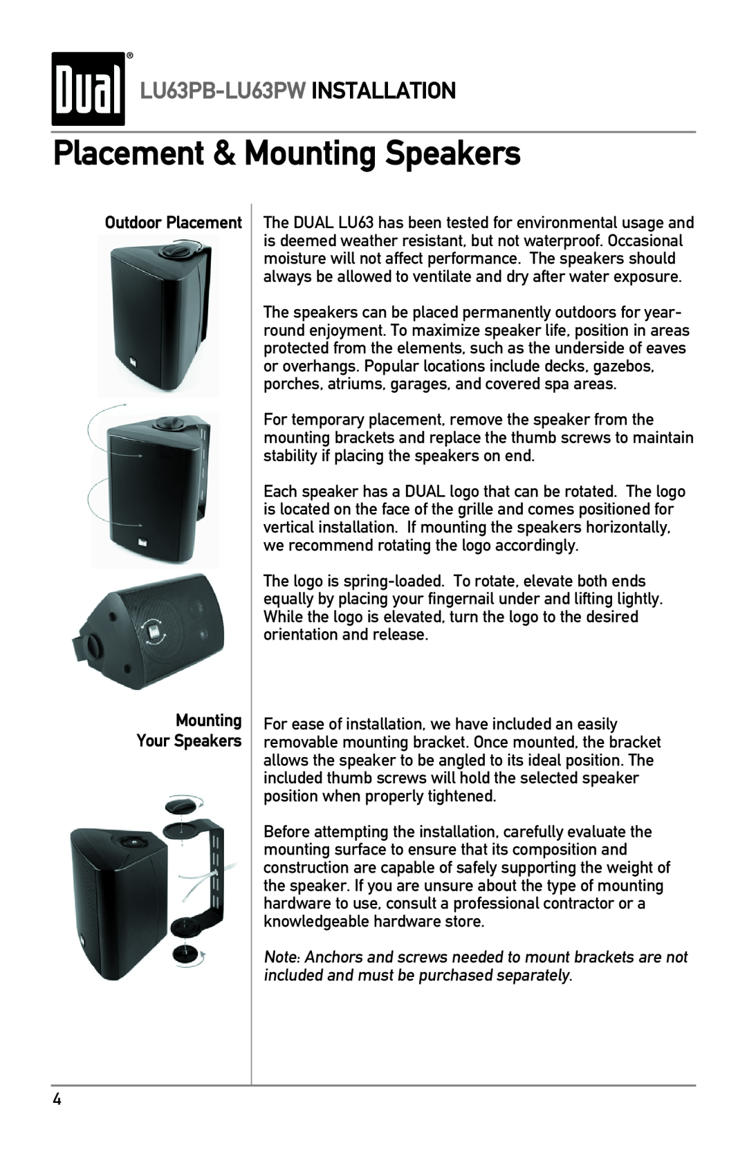 Dual LU63PB/PW owner manual Placement & Mounting Speakers, LU63PB-LU63PW INSTALLATION, Outdoor Placement 