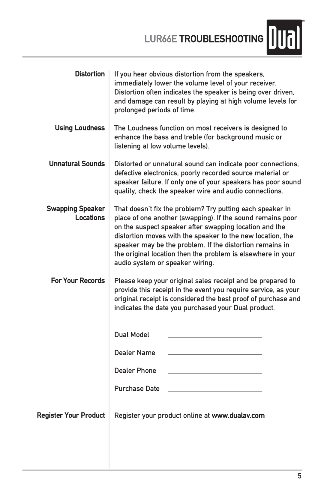 Dual owner manual LUR66E Troubleshooting 