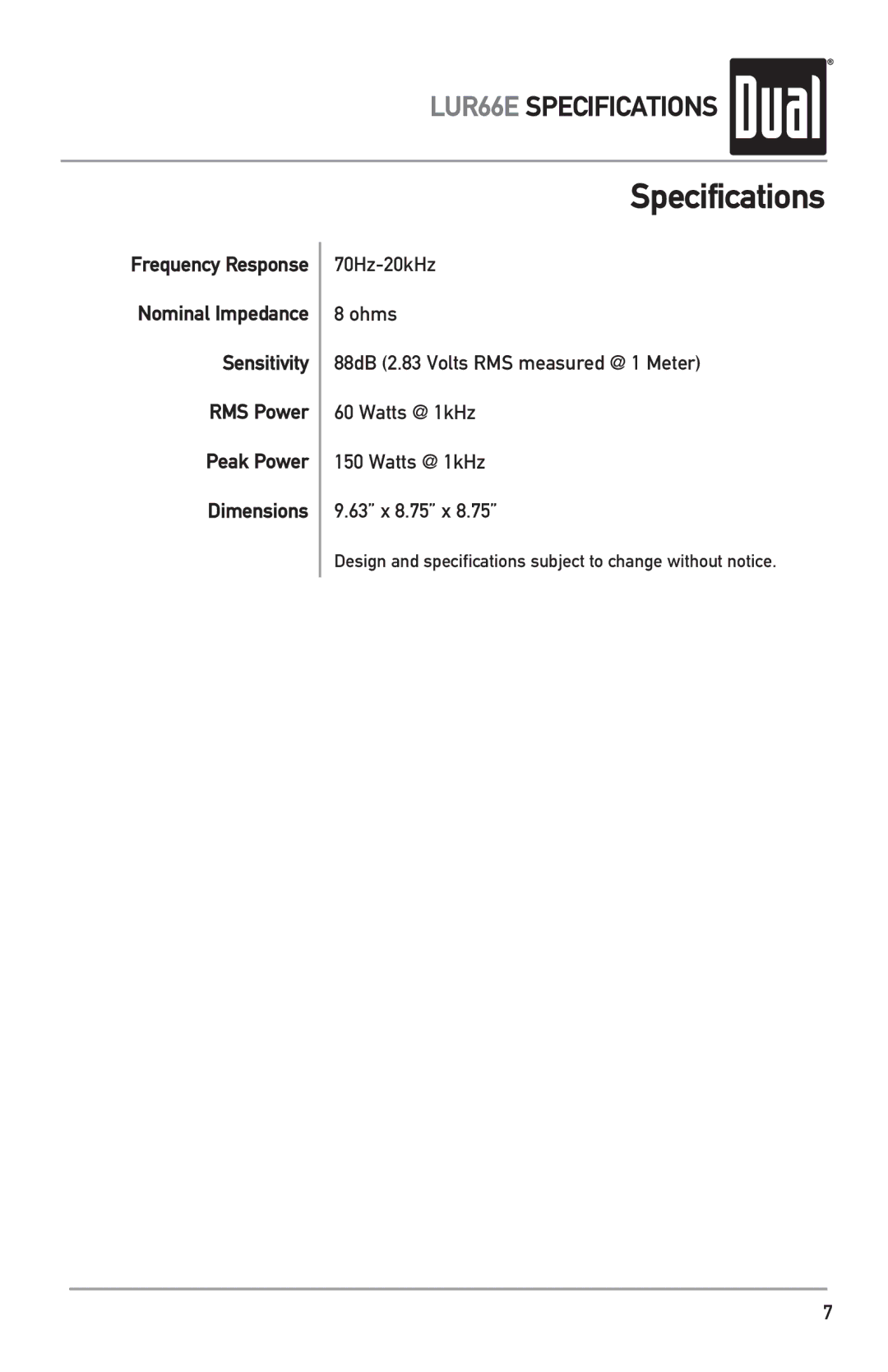 Dual LUR66E owner manual Specifications 