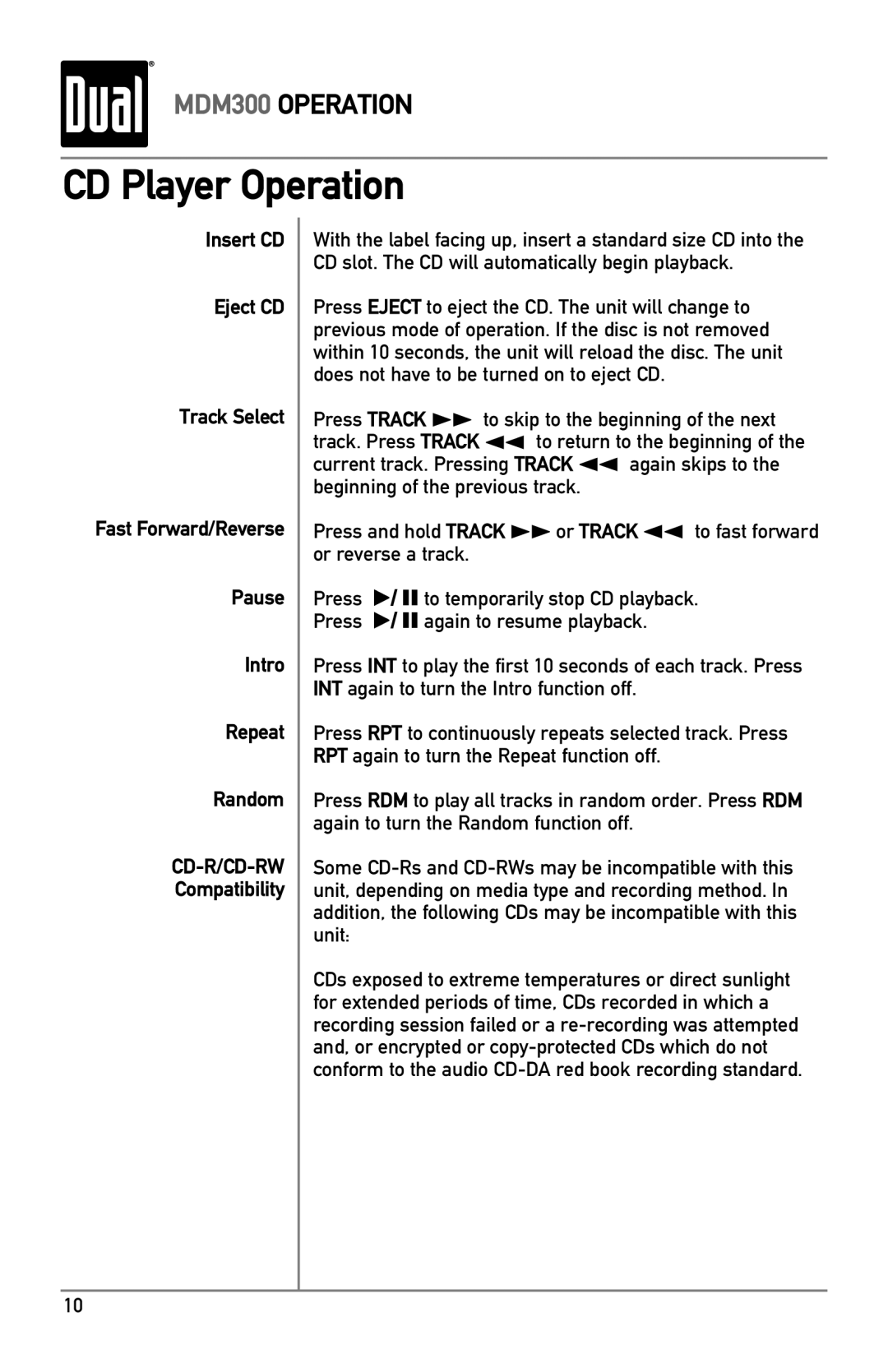 Dual MDM300 owner manual CD Player Operation, Compatibility 