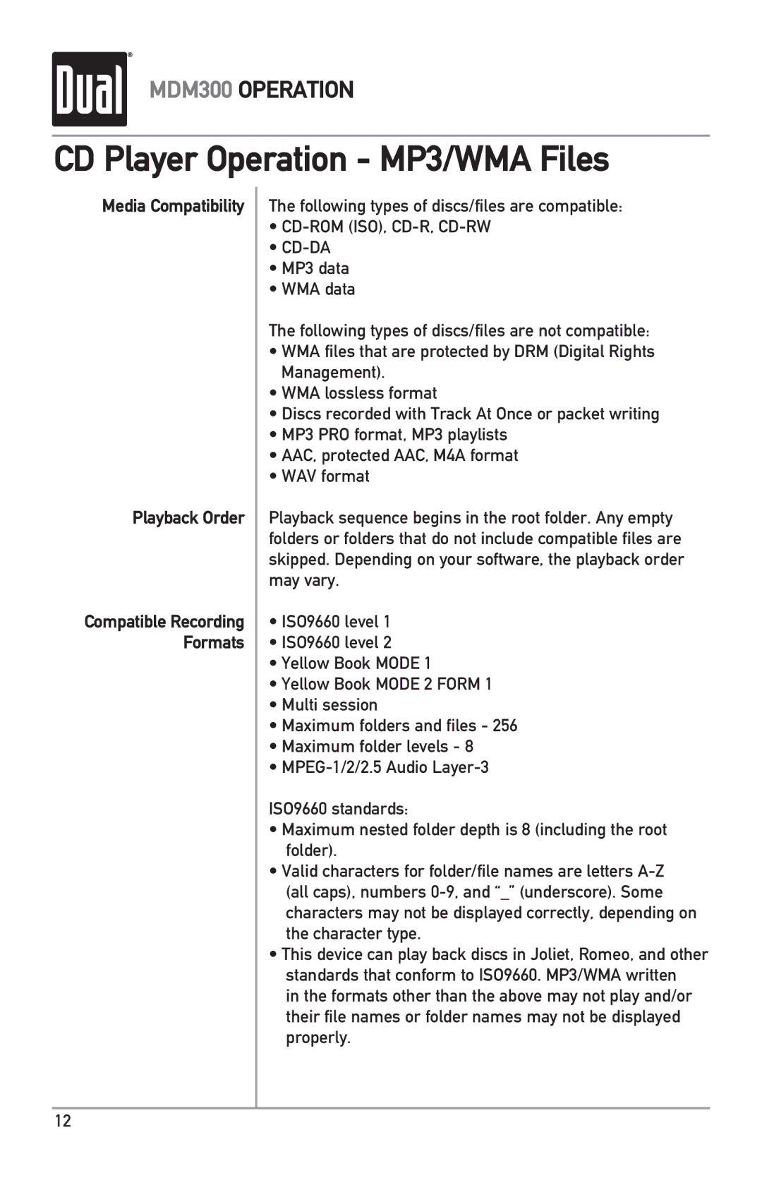 Dual MDM300 owner manual CD Player Operation MP3/WMA Files, Media Compatibility Playback Order 