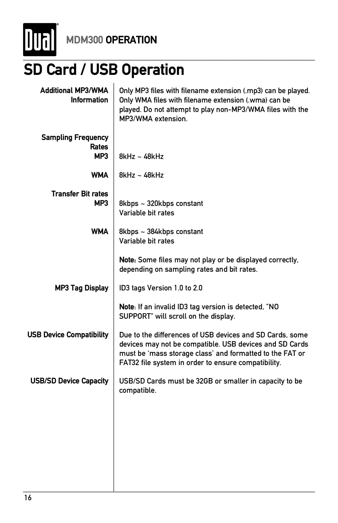 Dual MDM300 owner manual Sampling Frequency Rates, ID3 tags Version 1.0 to 