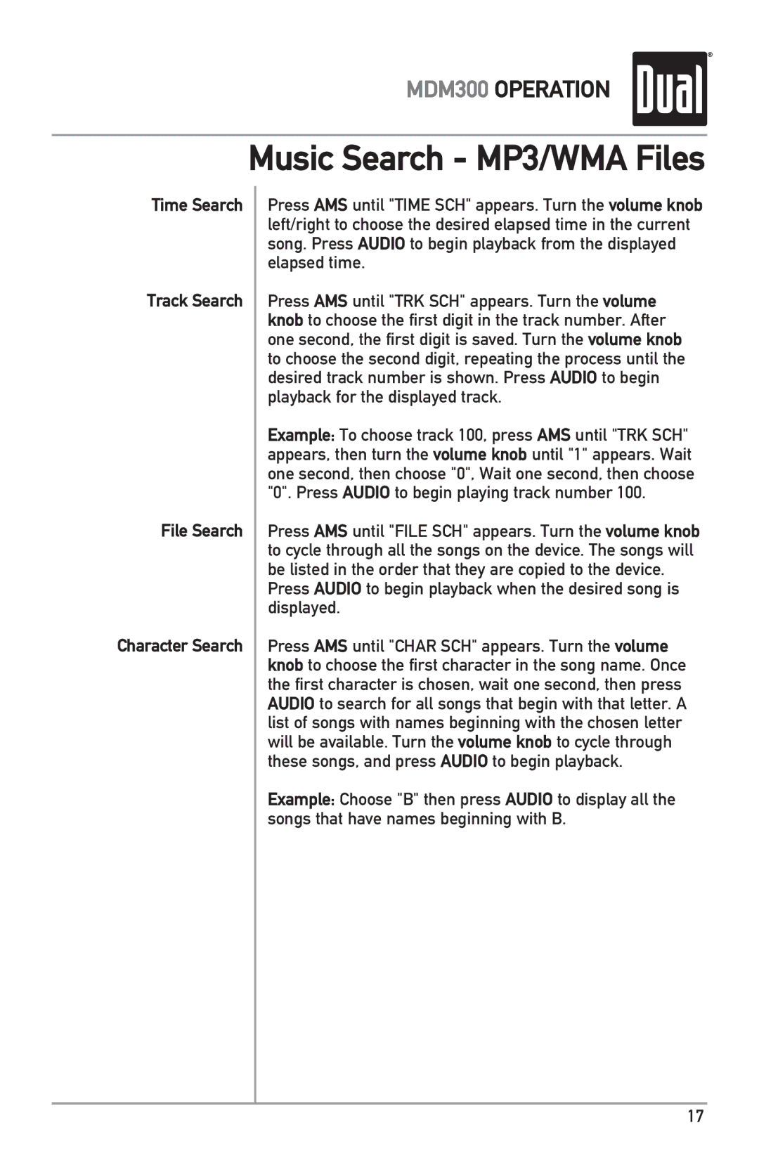 Dual MDM300 owner manual Music Search MP3/WMA Files, Time Search Track Search File Search Character Search 