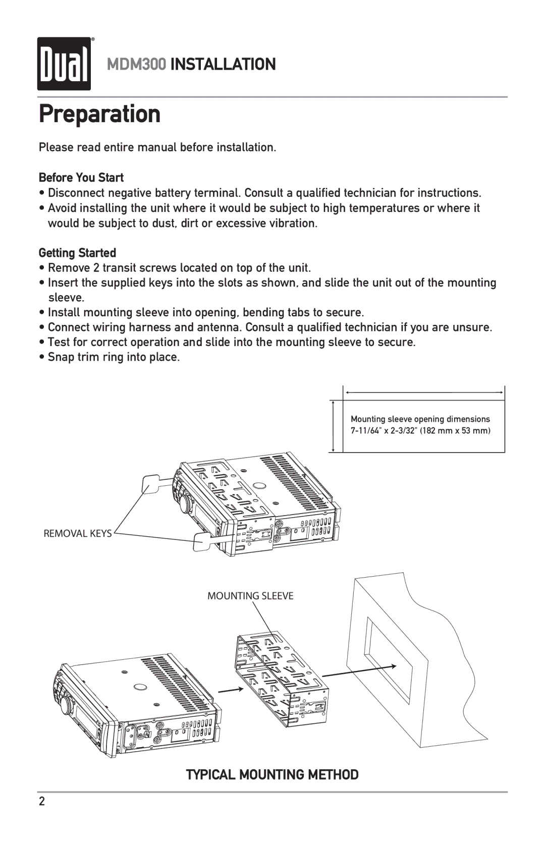 Dual MDM300 owner manual Preparation, Please read entire manual before installation, Before You Start, Getting Started 