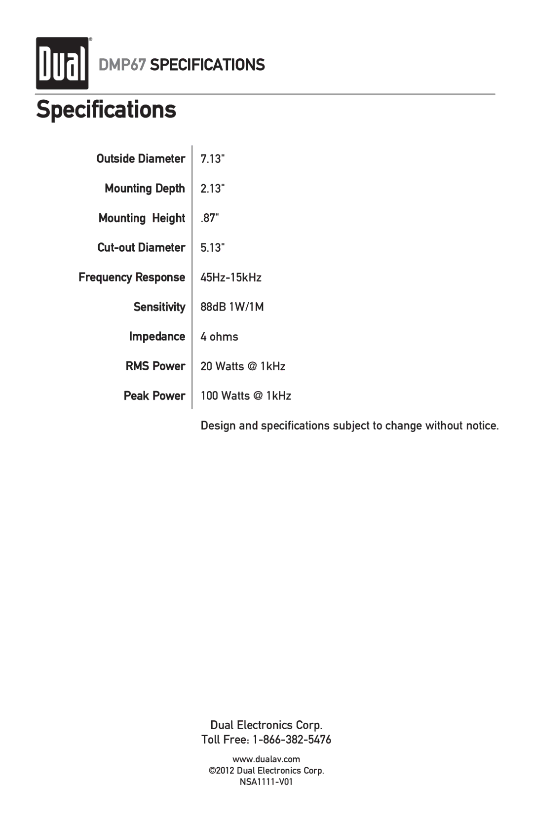 Dual MDM300 owner manual DMP67 Specifications 