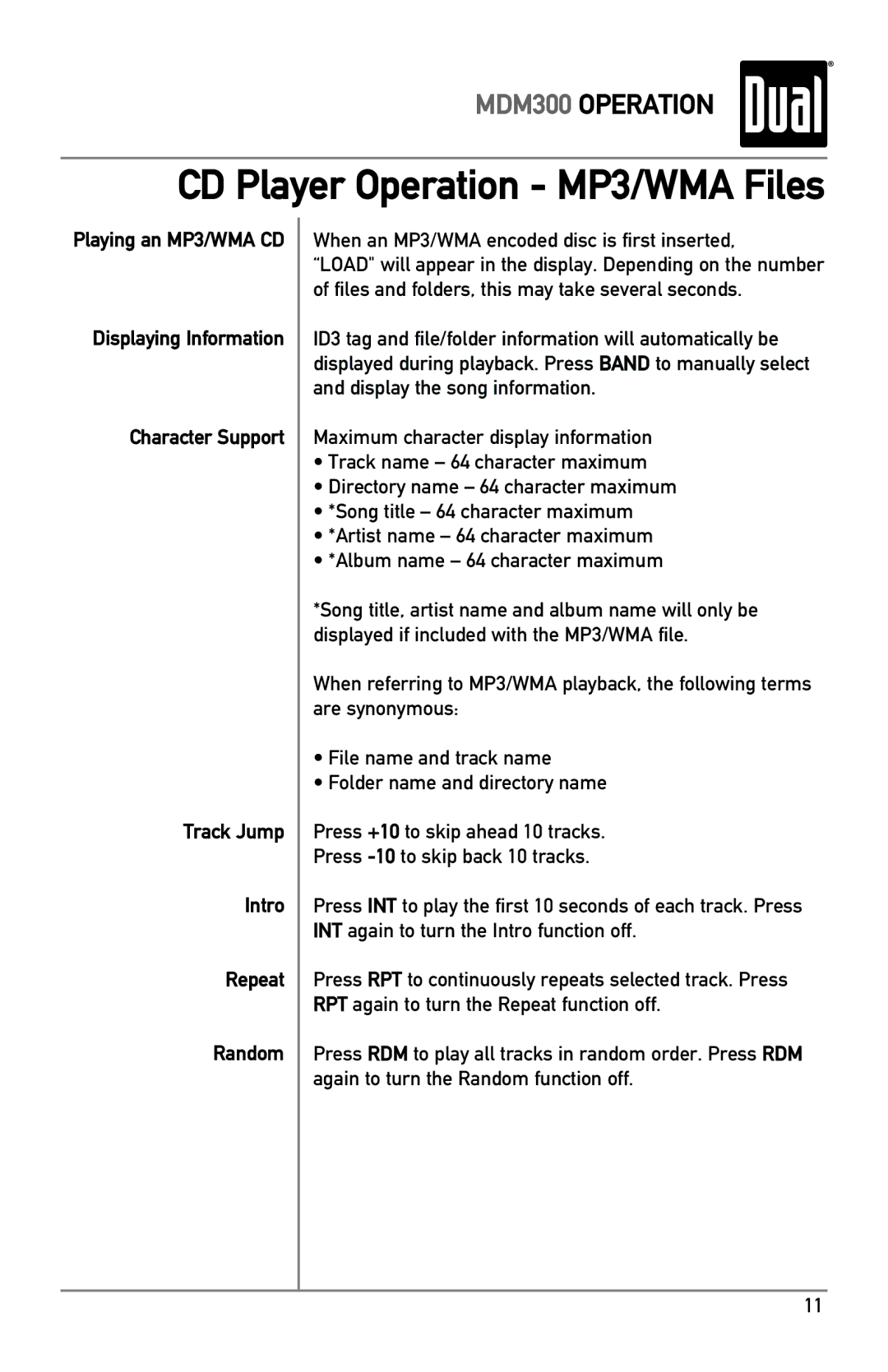 Dual MDM300 owner manual CD Player Operation MP3/WMA Files, When an MP3/WMA encoded disc is first inserted 