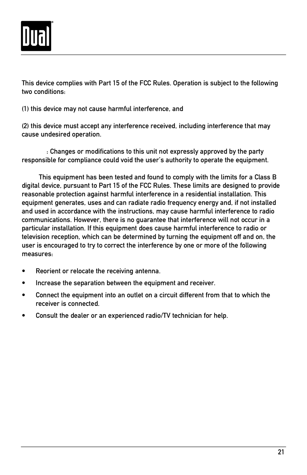 Dual MDM300 owner manual FCC Compliance 