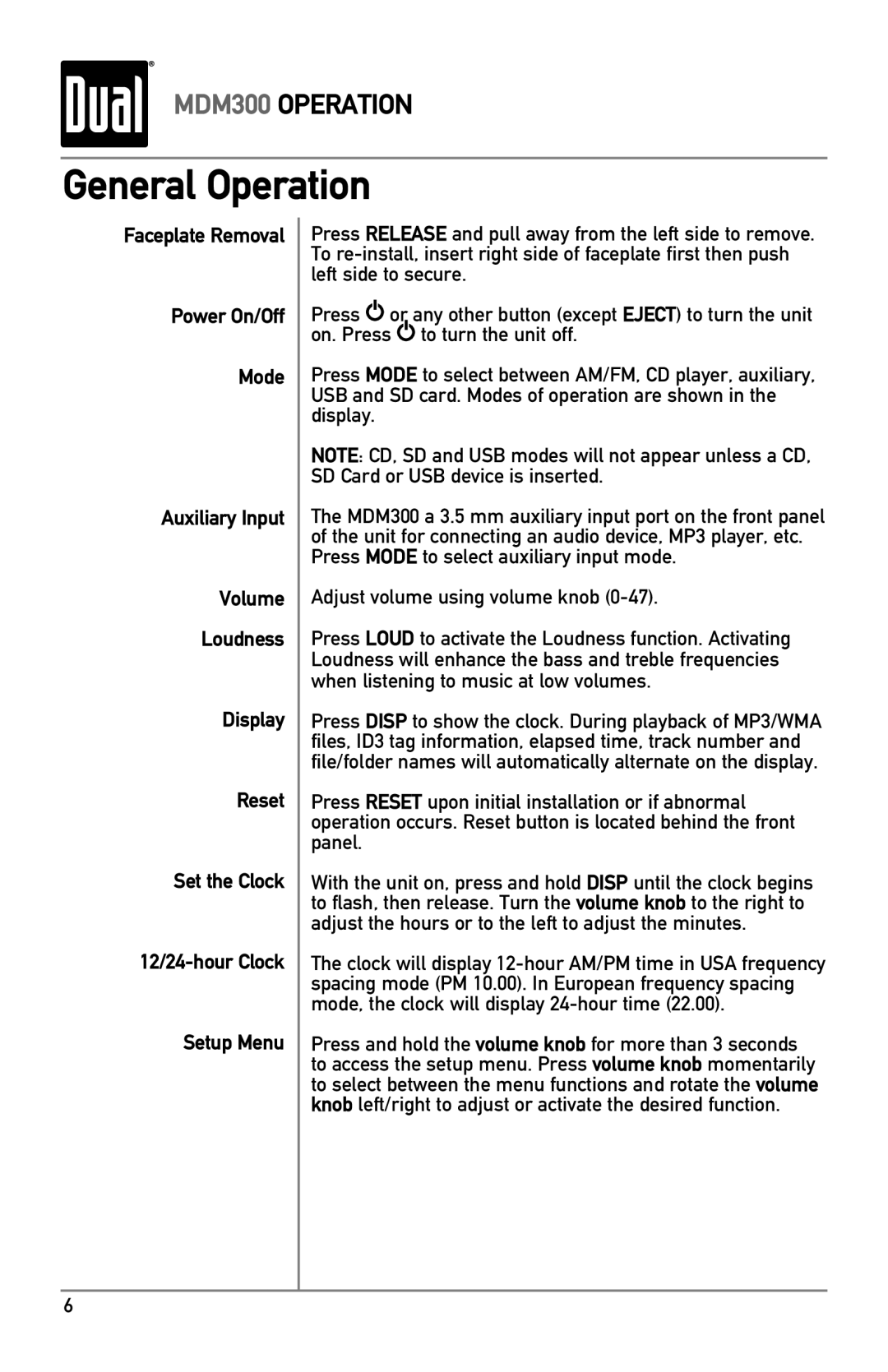 Dual MDM300 owner manual General Operation 