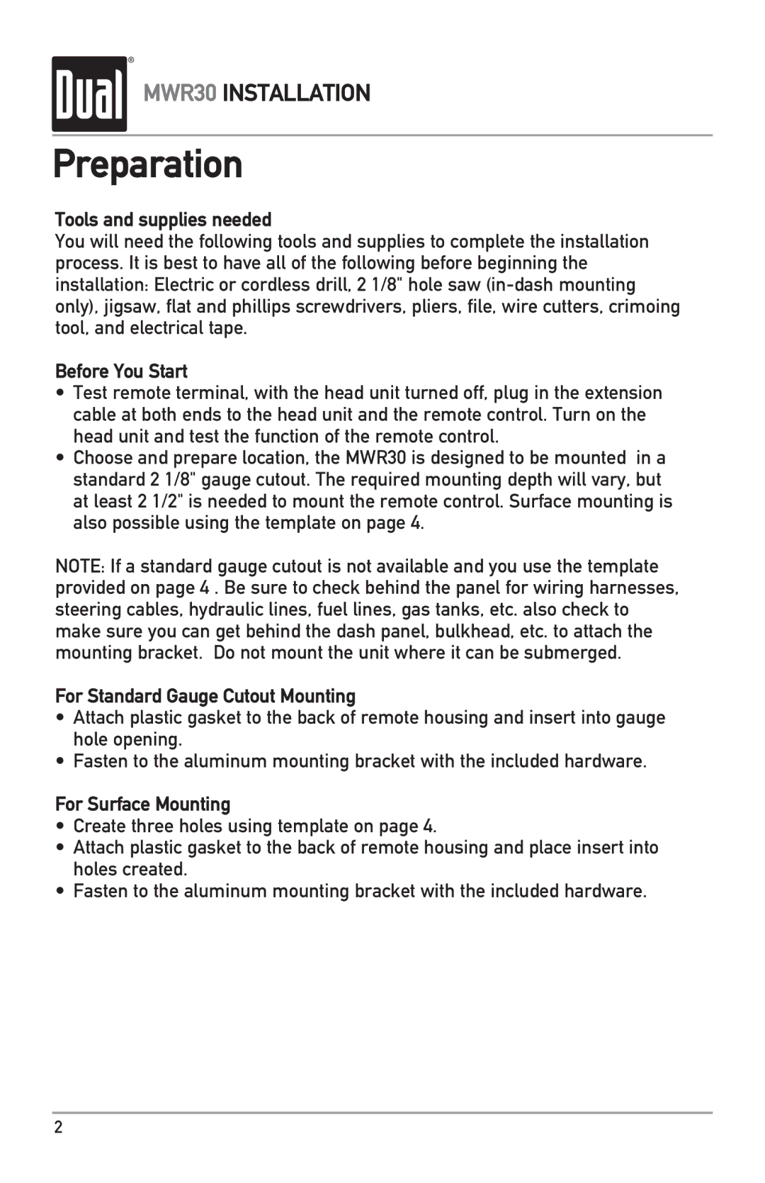 Dual MWR30 owner manual Preparation, Tools and supplies needed 