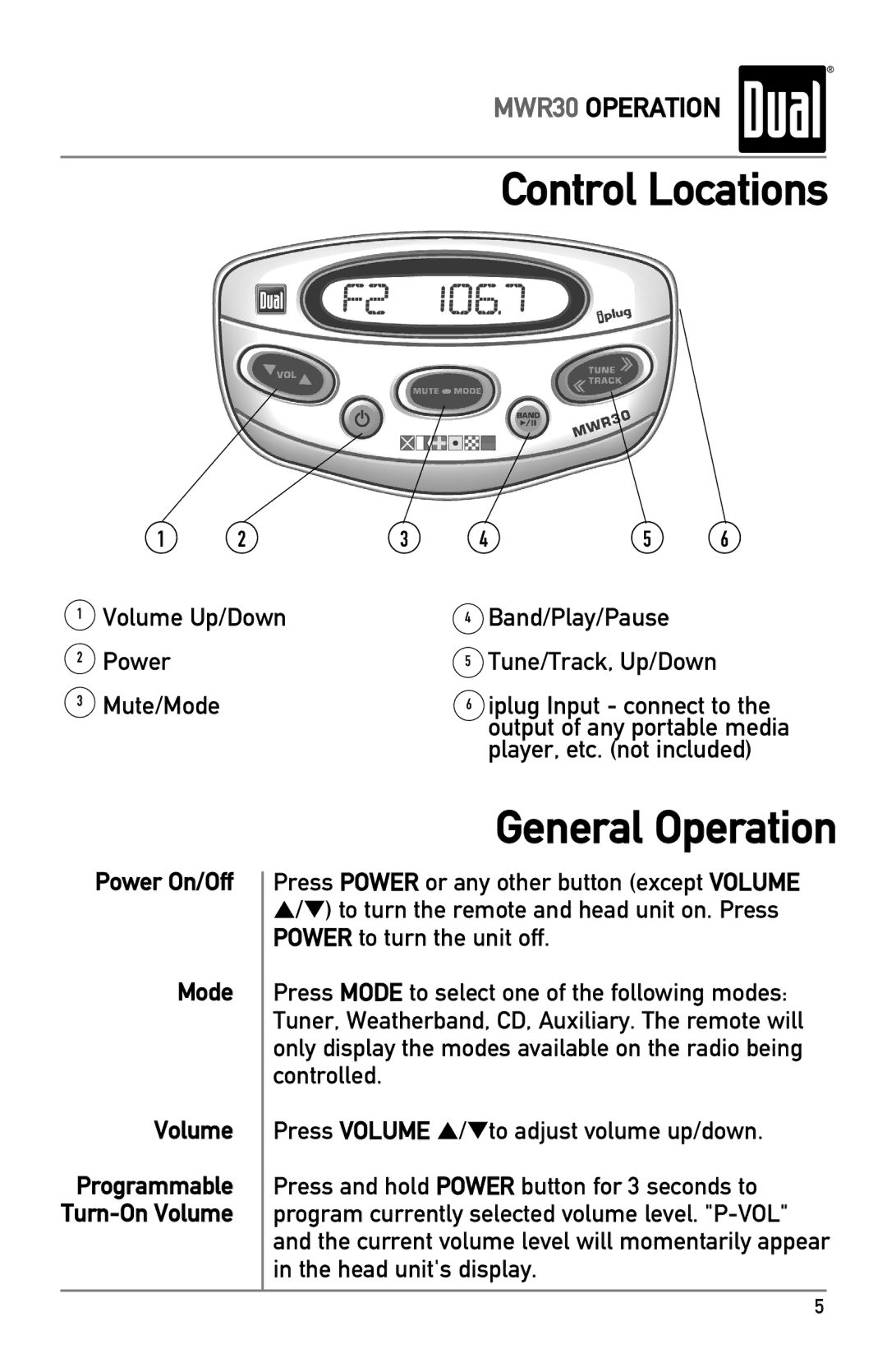 Dual MWR30 owner manual General Operation, Control Locations 