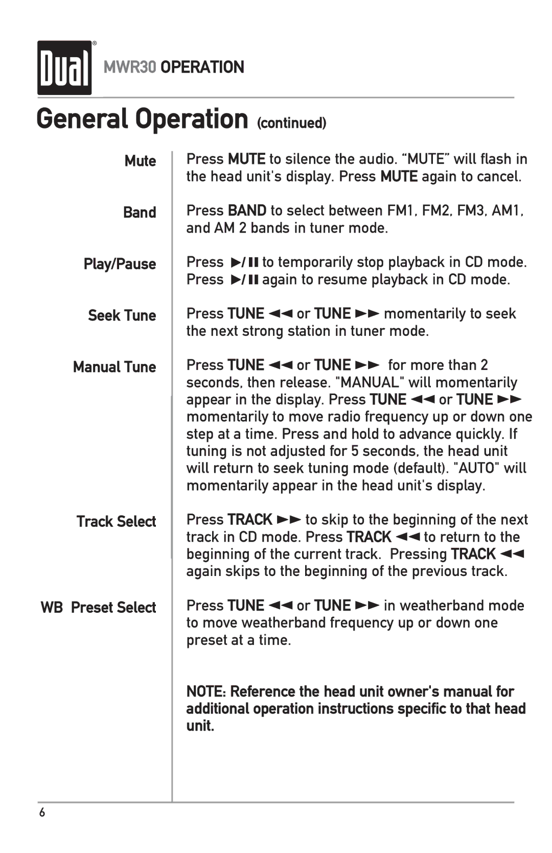 Dual MWR30 owner manual General Operation 