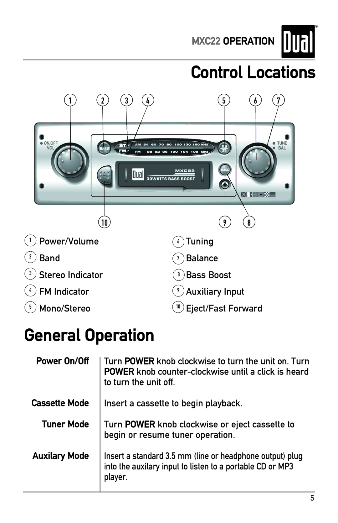 Dual MXC22 owner manual General Operation, Control Locations 